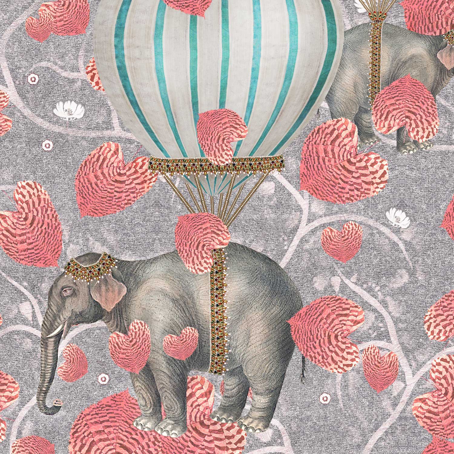 elephant, jungle, leaves, pink, branches, forest, hot air balloon, flying, sky, circus, wallpaper, deco, house, pattern, non-woven matt paper, printed ,motifs, interior design
